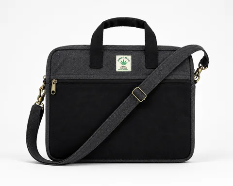 Black hemp laptop bag showing the front zip pocket, two handles and detachable shoulder strap