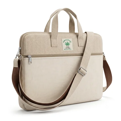 Natural / Cream hemp laptop bag showing the front zip pocket, two handles and detachable shoulder strap