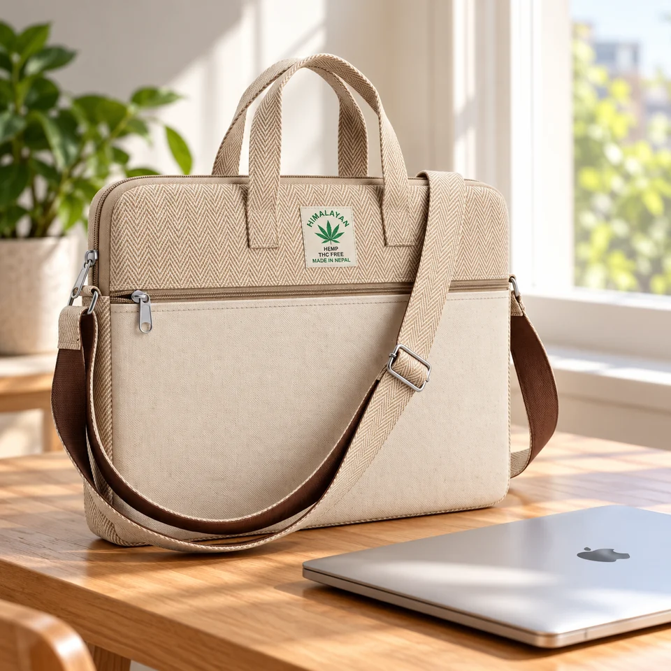 Whole natural hemp laptop bag and a closed silver laptop beside a bright window