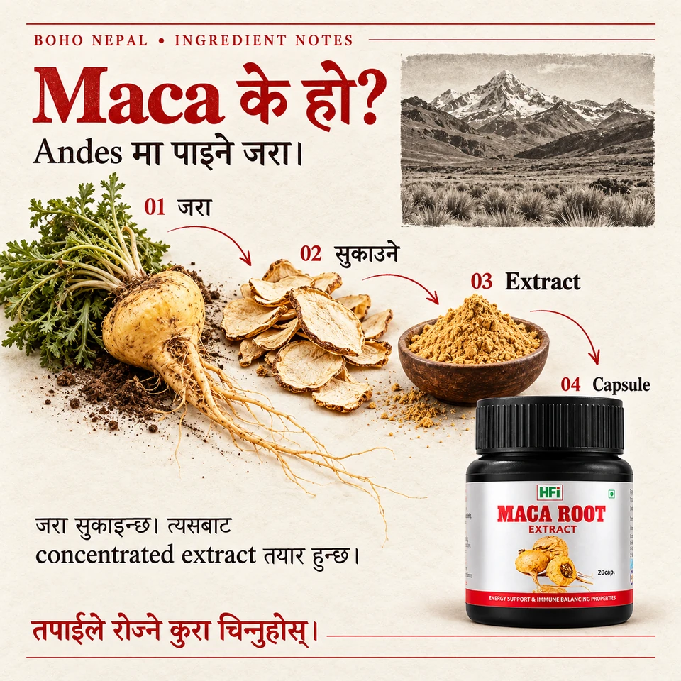 Maca root को Andes बाट dried root, concentrated extract र capsule सम्मको ingredient process।
