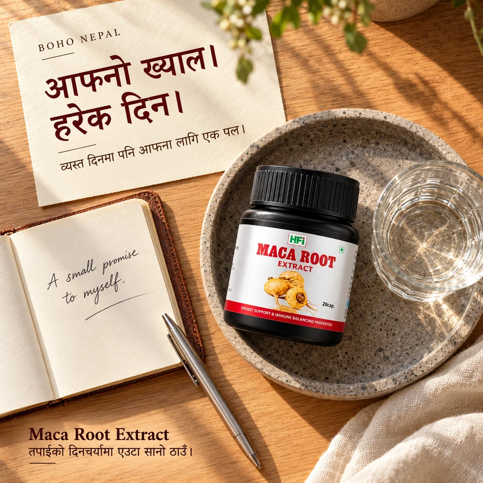 पानी, notebook र Maca Root Extract सहितको शान्त दैनिक routine।