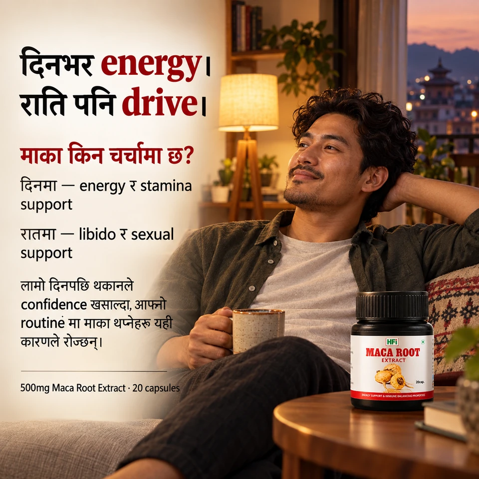 Maca Root Extract लाई दिनको energy, रातको libido र sexual support routine सँग जोडेर बुझाइएको visual।